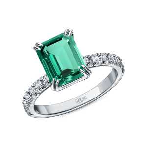 Золотое кольцо с бриллиантами выращенными и изумрудами выращенными