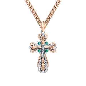 Золотой крест-подвеска с бриллиантами природными и изумрудами выращенными